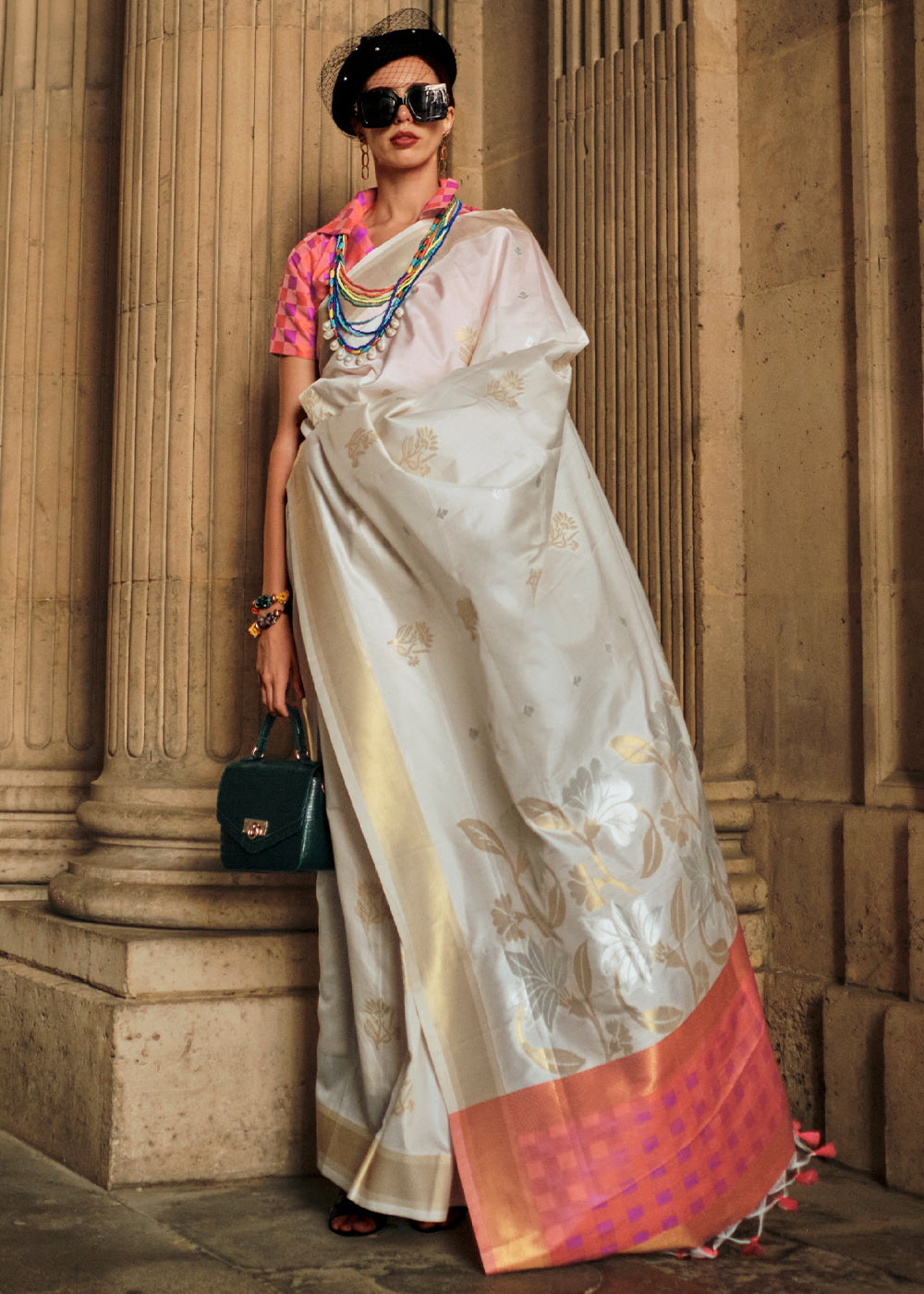 Pearl White Zari Handloom Woven Soft Silk Saree