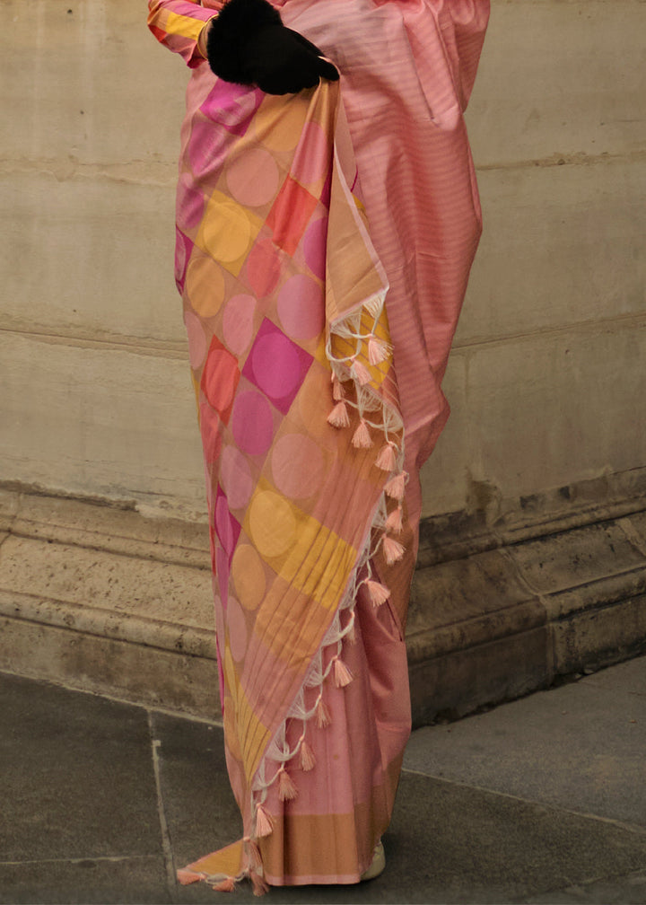 Flamingo Pink Zari Handloom Woven Soft Silk Saree