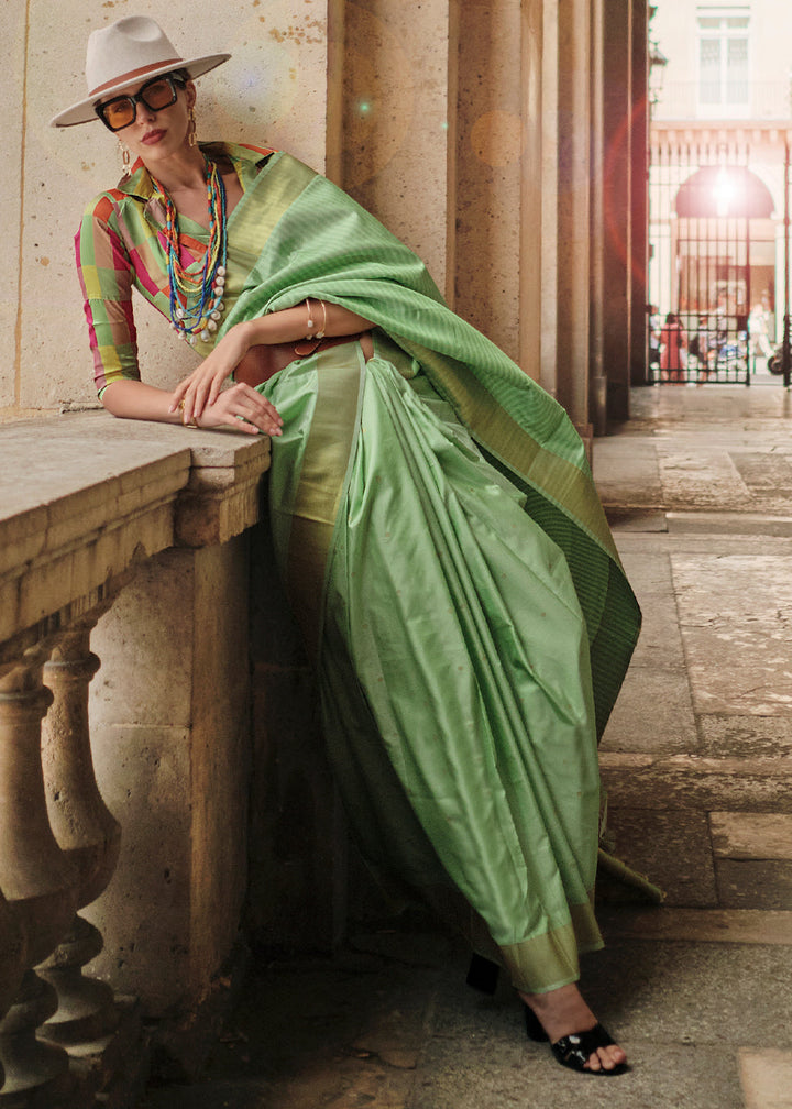 Light Green Zari Handloom Woven Soft Silk Saree