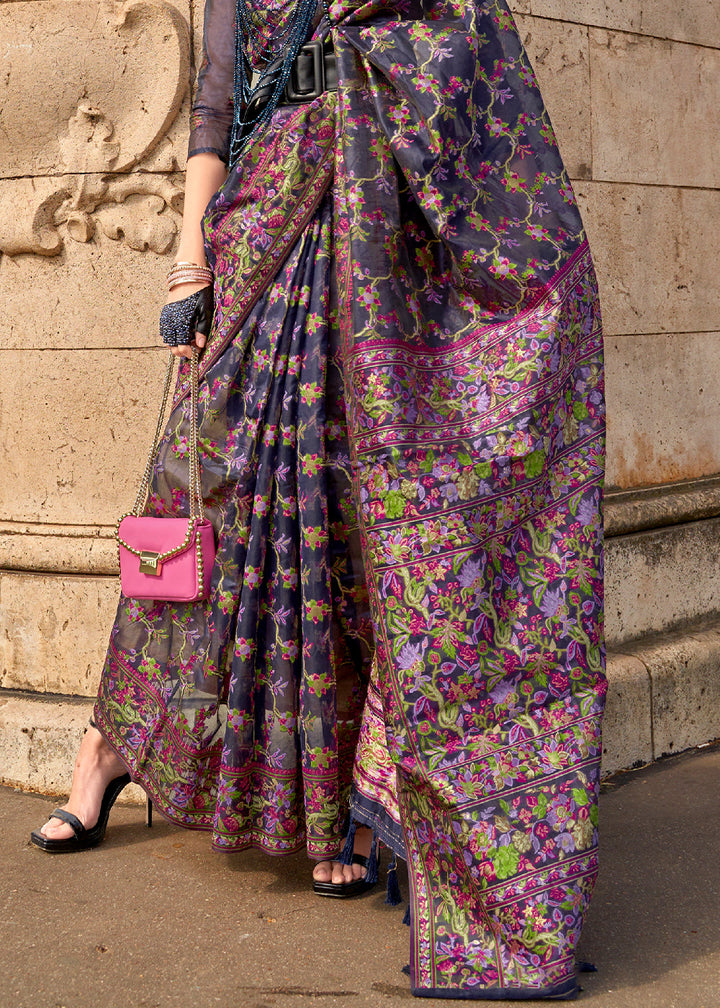 Blue & Pink Parsi Handloom Woven Organza Silk Saree