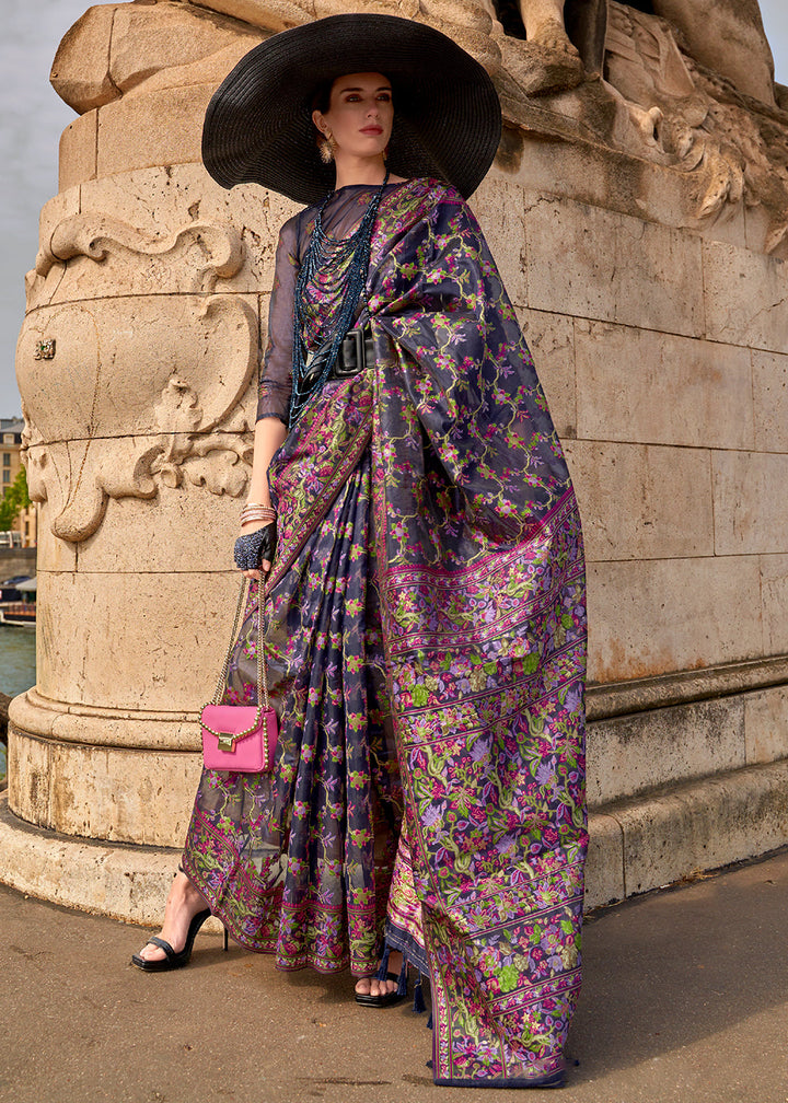 Blue & Pink Parsi Handloom Woven Organza Silk Saree