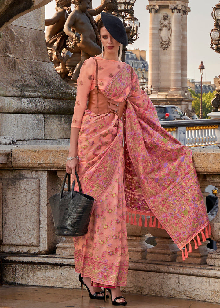 Peach Pink Parsi Handloom Woven Organza Silk Saree