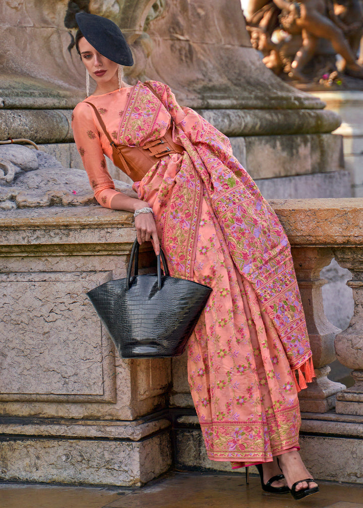 Peach Pink Parsi Handloom Woven Organza Silk Saree