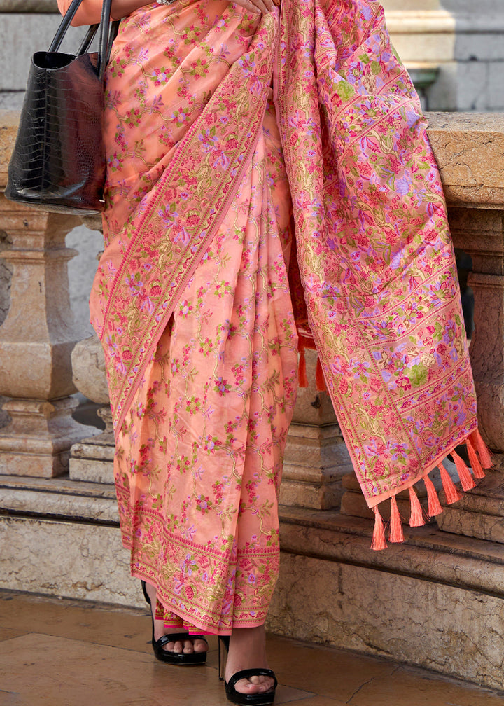 Peach Pink Parsi Handloom Woven Organza Silk Saree