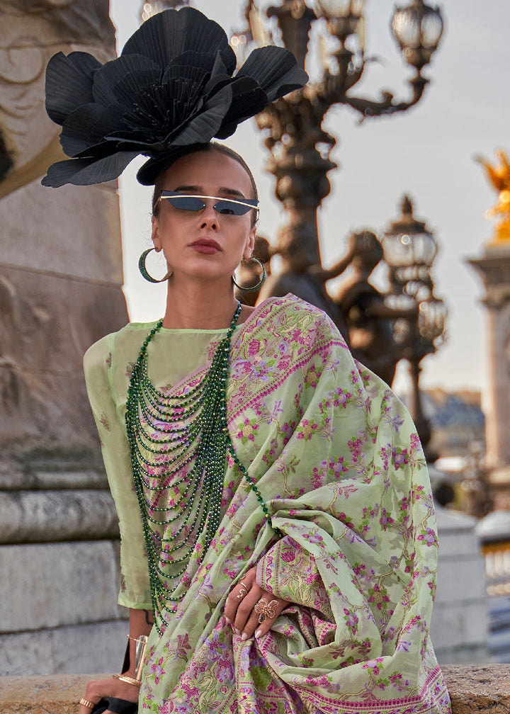 Pastel Green Parsi Handloom Woven Organza Silk Saree