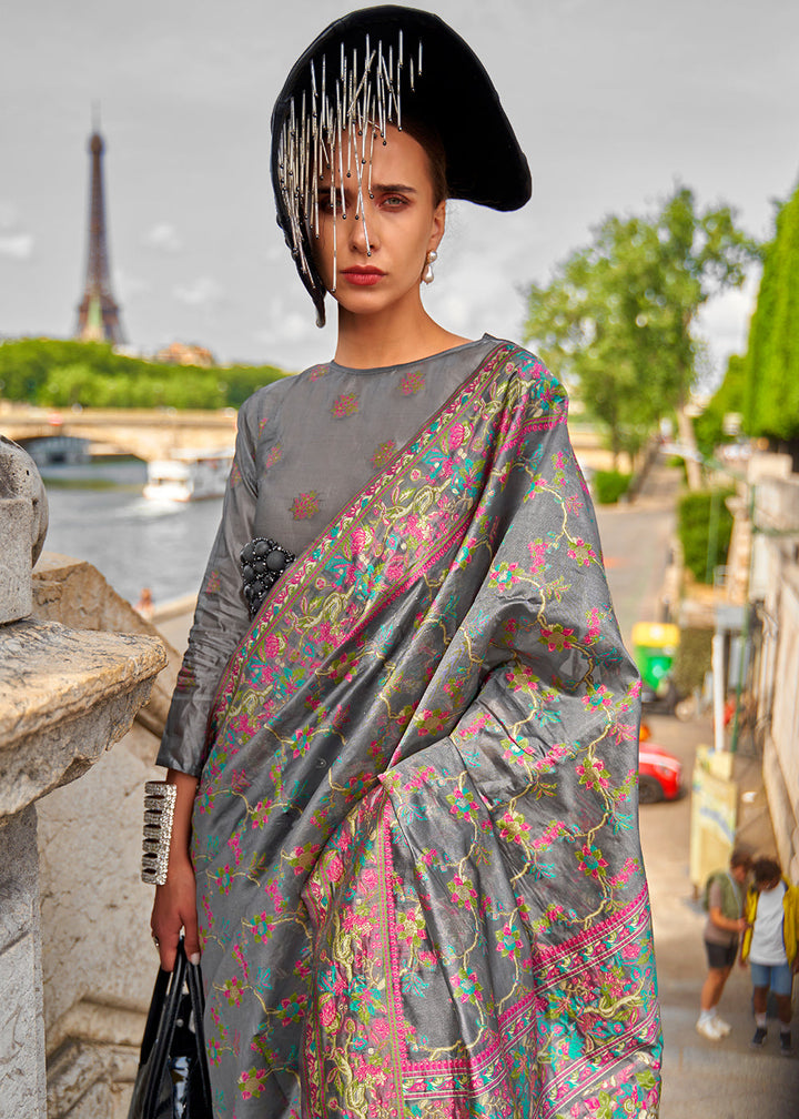 Iron Grey Parsi Handloom Woven Organza Silk Sareei9