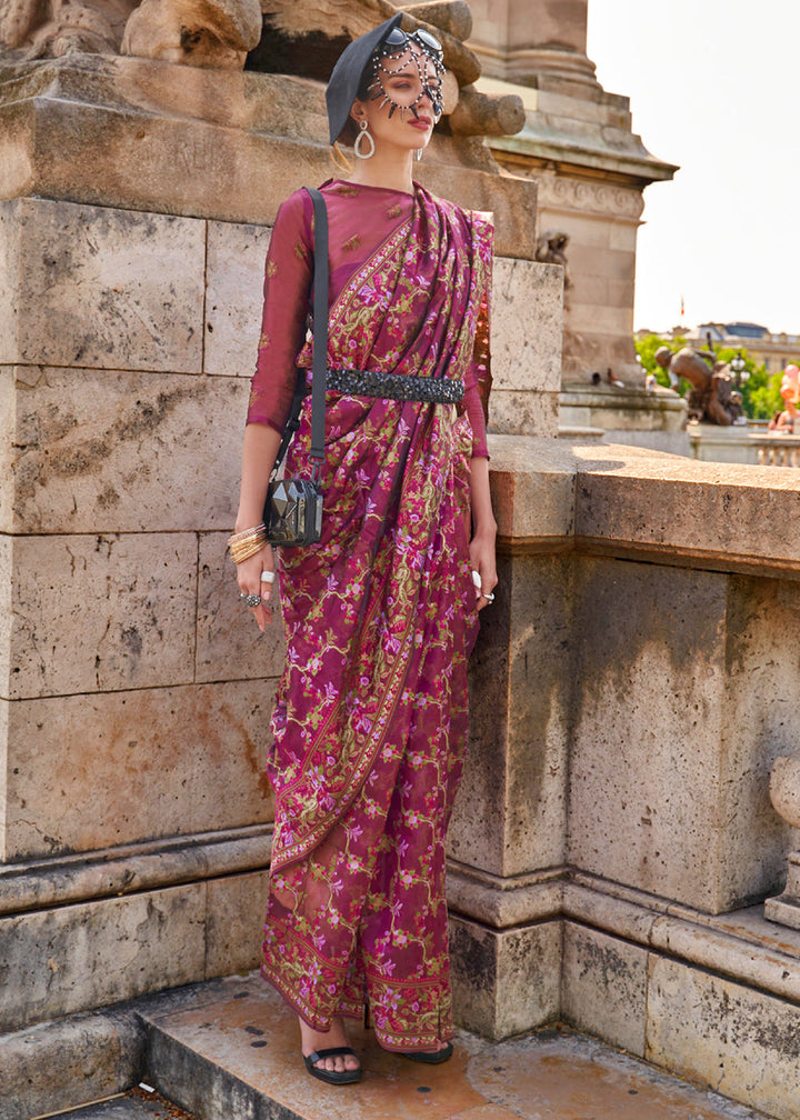 Rhubarb Purple Parsi Handloom Woven Organza Silk Saree