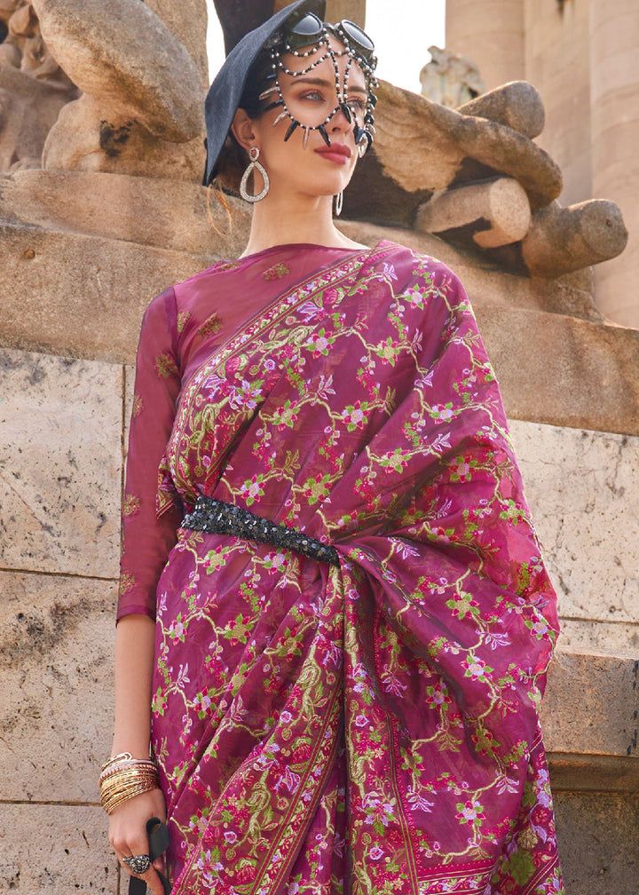 Rhubarb Purple Parsi Handloom Woven Organza Silk Saree