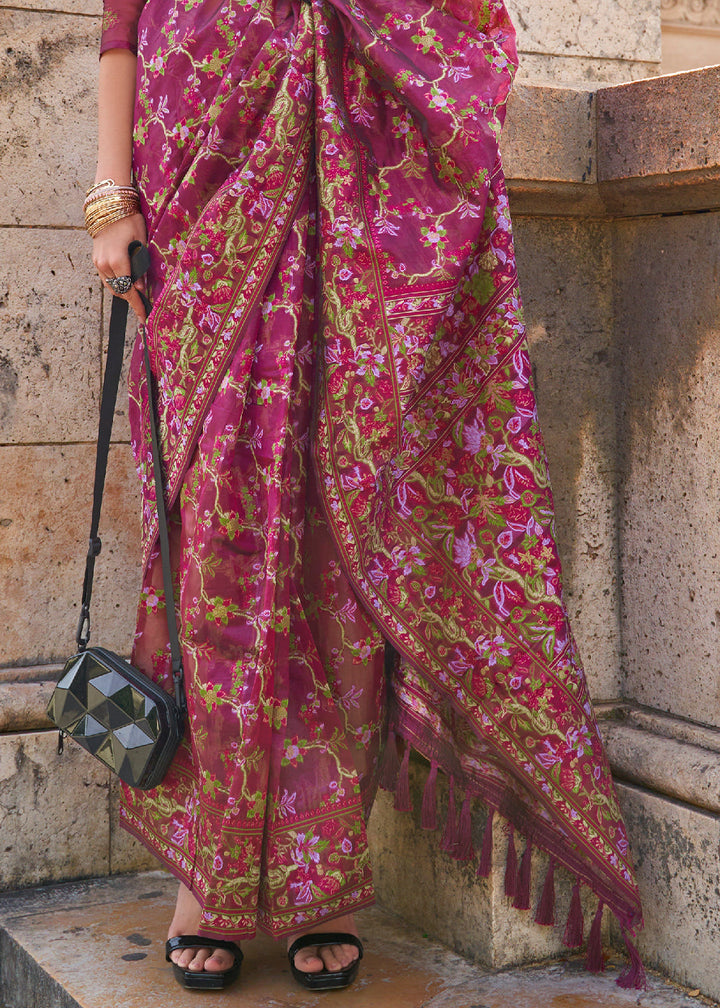 Rhubarb Purple Parsi Handloom Woven Organza Silk Saree