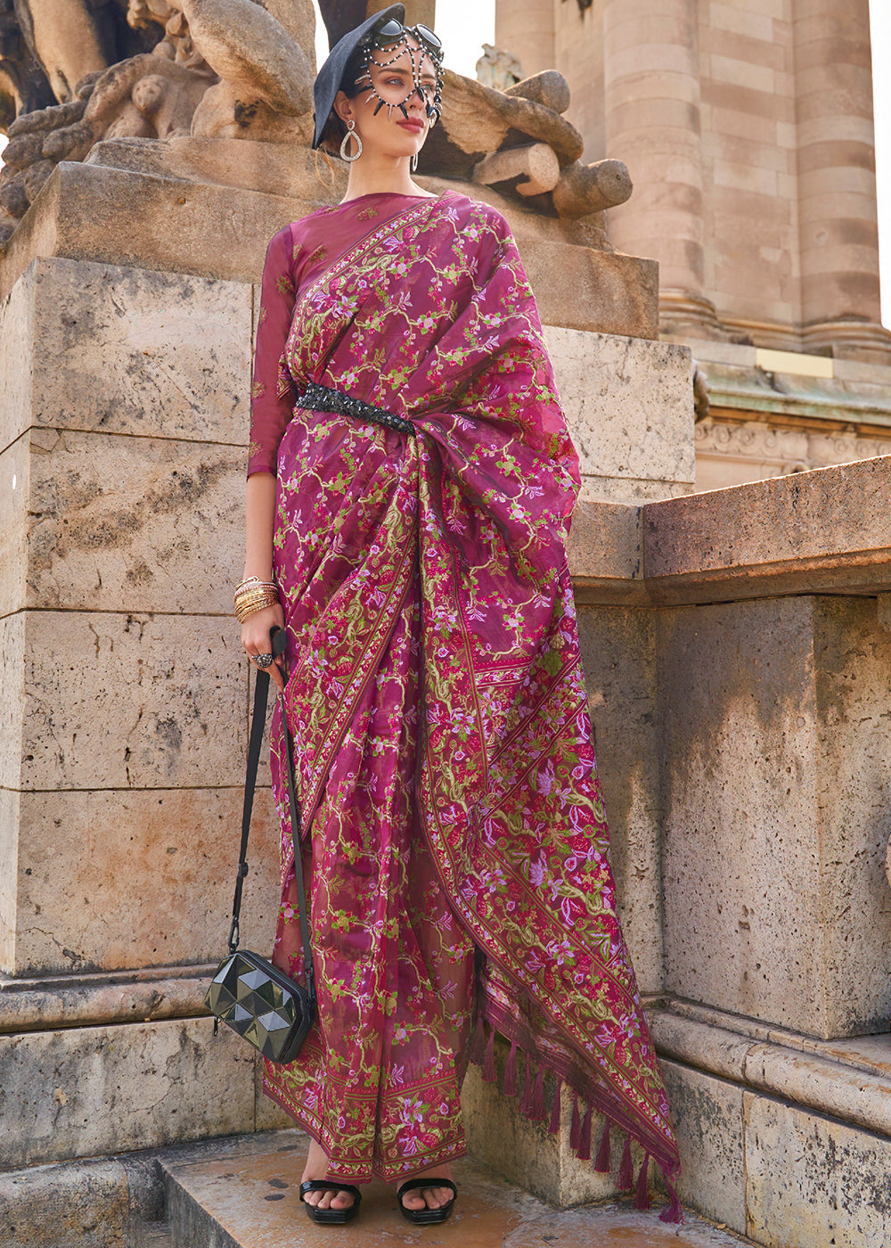 Rhubarb Purple Parsi Handloom Woven Organza Silk Saree