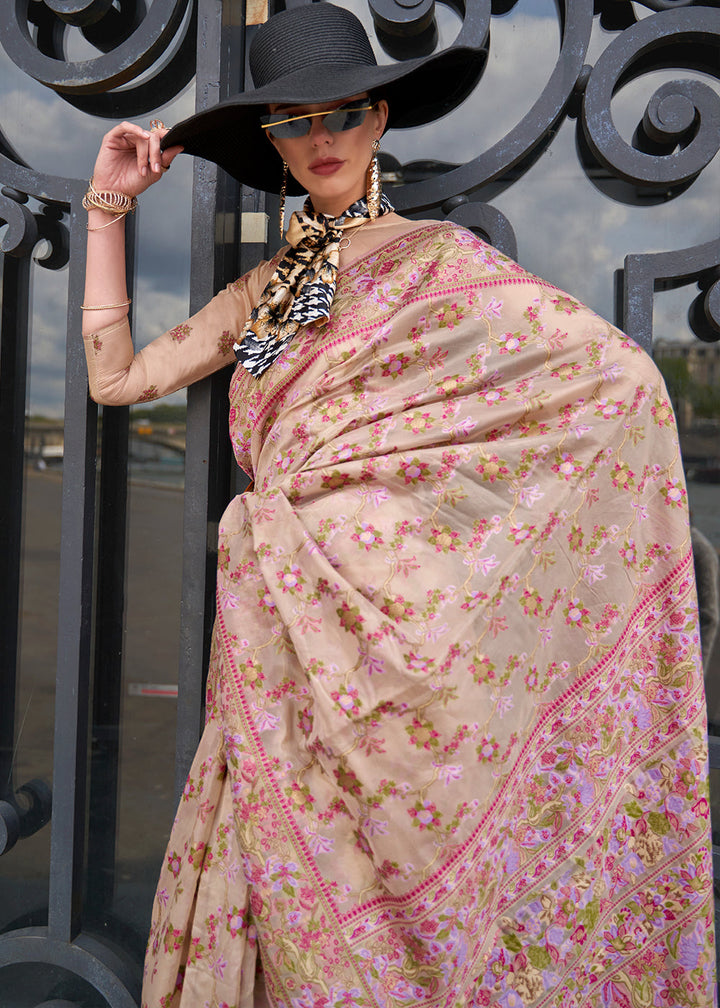 Beige Brown Parsi Handloom Woven Organza Silk Saree