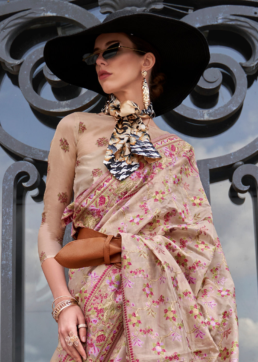 Beige Brown Parsi Handloom Woven Organza Silk Saree