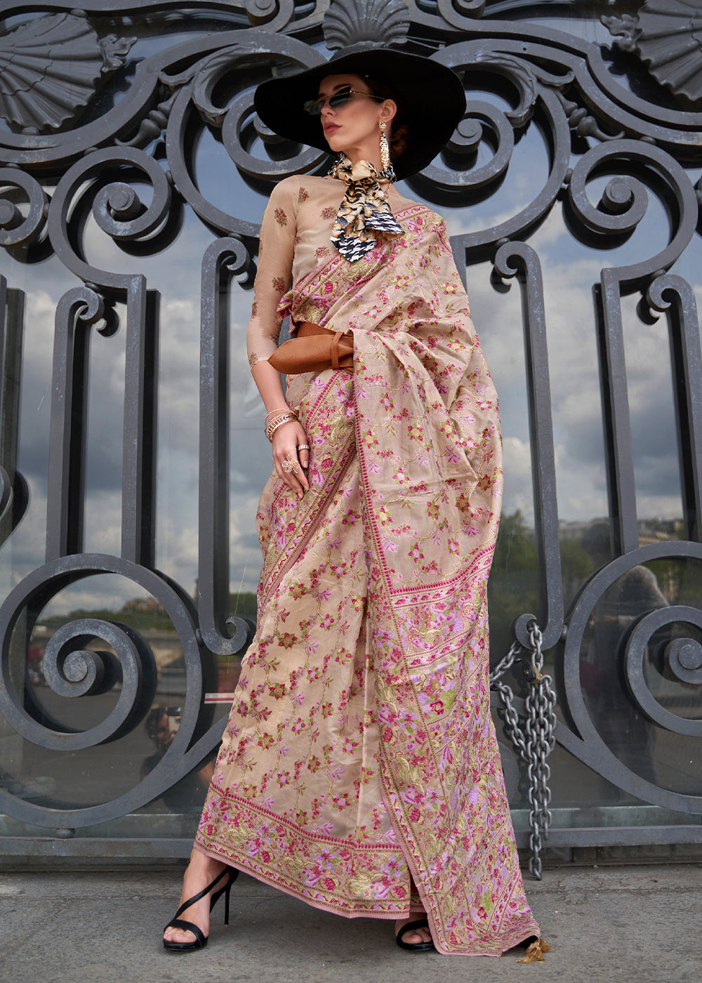 Beige Brown Parsi Handloom Woven Organza Silk Saree