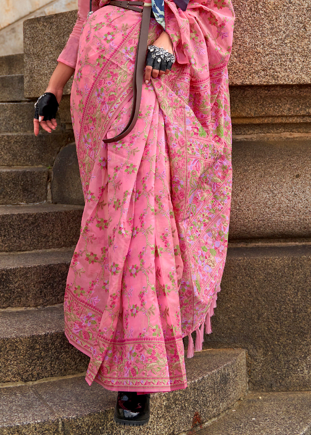 Neon Pink Parsi Handloom Woven Organza Silk Saree