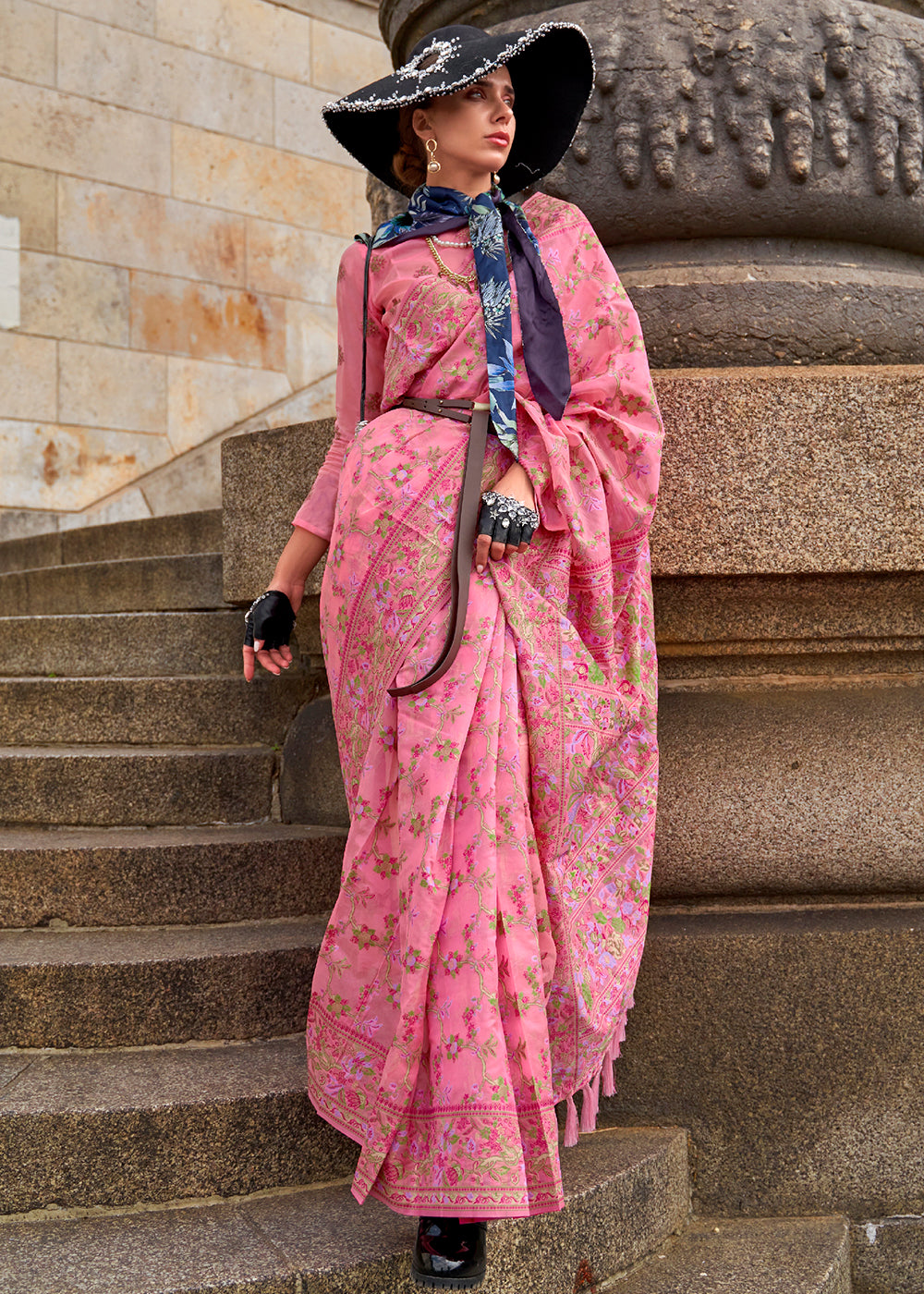 Neon Pink Parsi Handloom Woven Organza Silk Saree