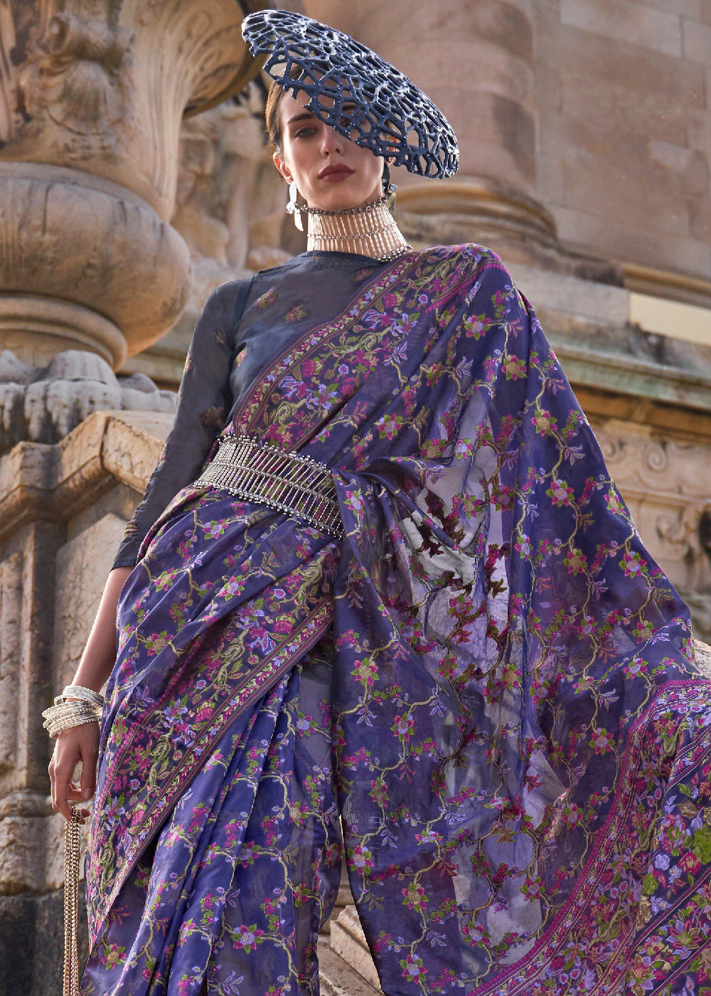 Indigo Purple Parsi Handloom Woven Organza Silk Saree