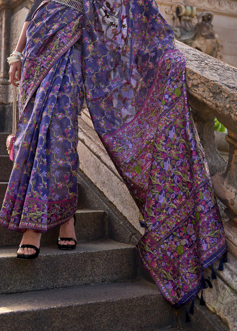 Indigo Purple Parsi Handloom Woven Organza Silk Saree