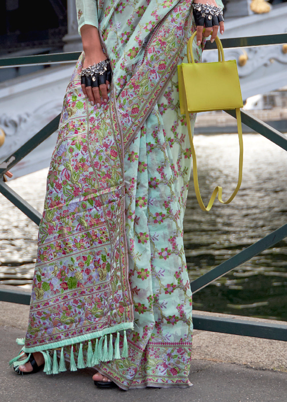 Powder Blue Parsi Handloom Woven Organza Silk Saree