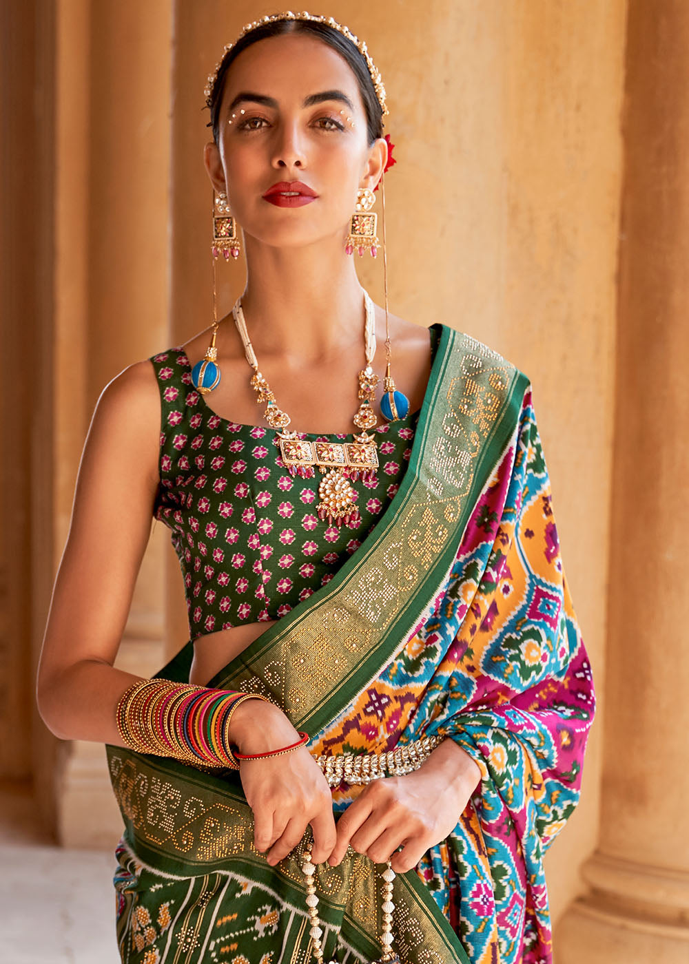 Multicoloured Printed Patola Silk Saree with Zari Border & Tassels on Pallu