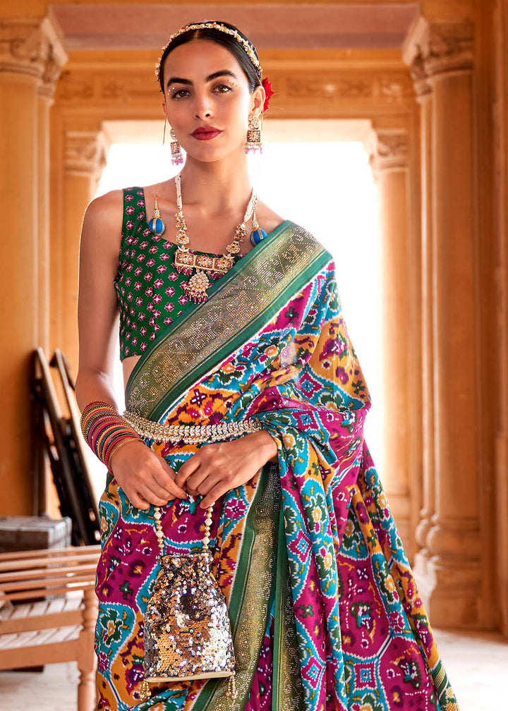 Multicoloured Printed Patola Silk Saree with Zari Border & Tassels on Pallu