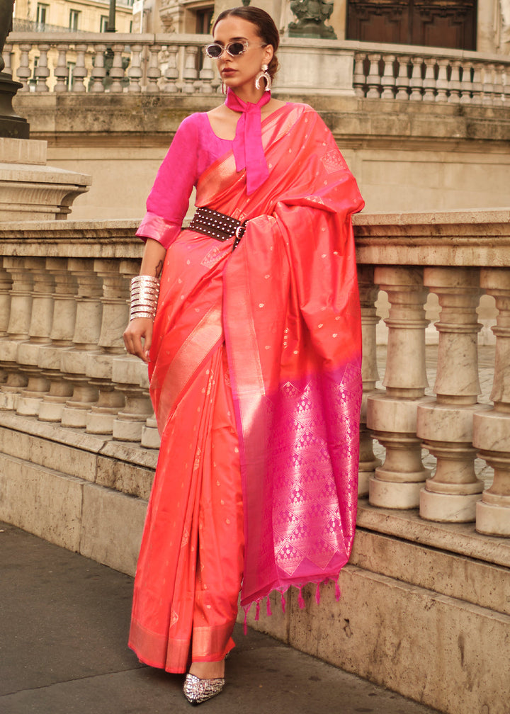 Sunset Orange Handloom Woven Soft Silk Saree