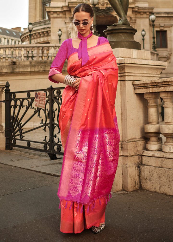 Sunset Orange Handloom Woven Soft Silk Saree