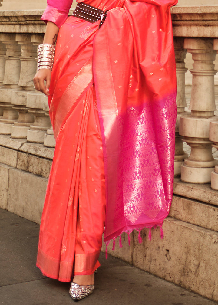 Sunset Orange Handloom Woven Soft Silk Saree