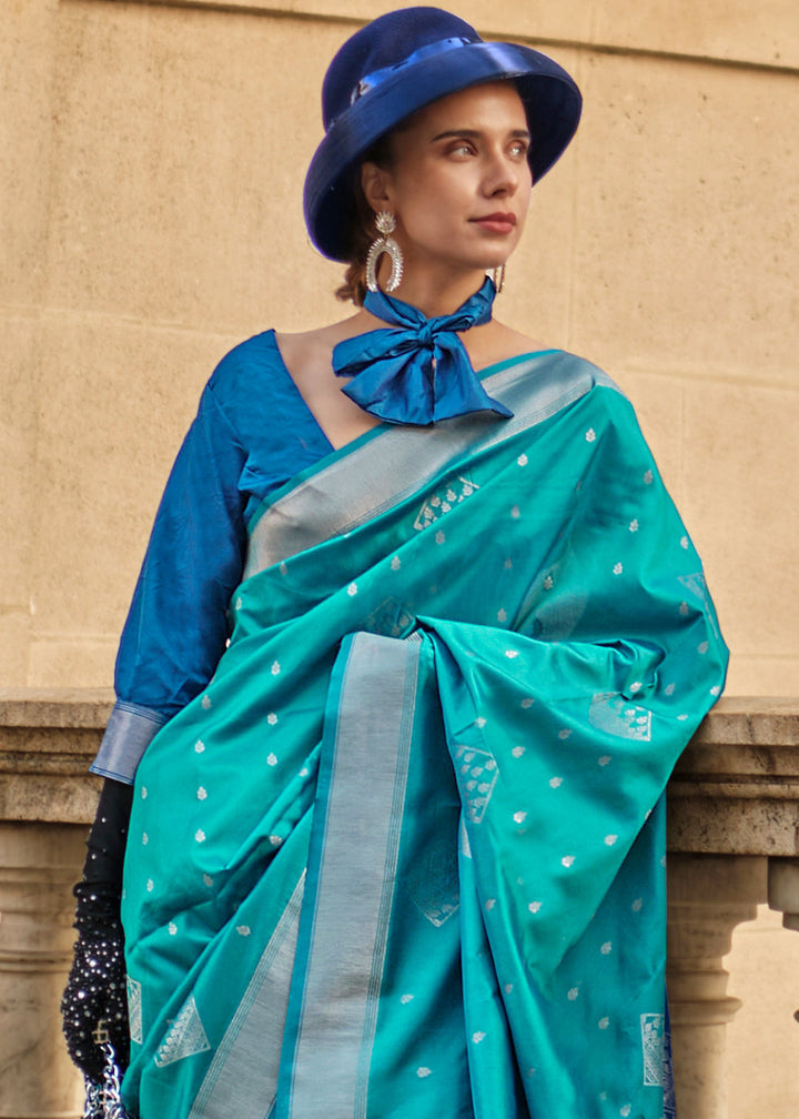 Cerulean Blue Handloom Woven Soft Silk Saree