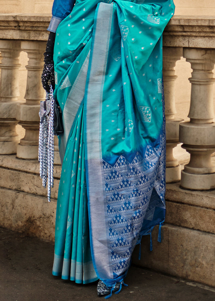 Cerulean Blue Handloom Woven Soft Silk Saree