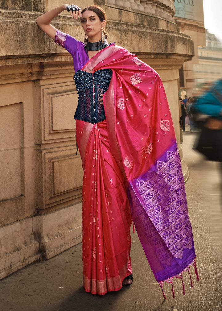 Cerise Pink Handloom Woven Soft Silk Saree