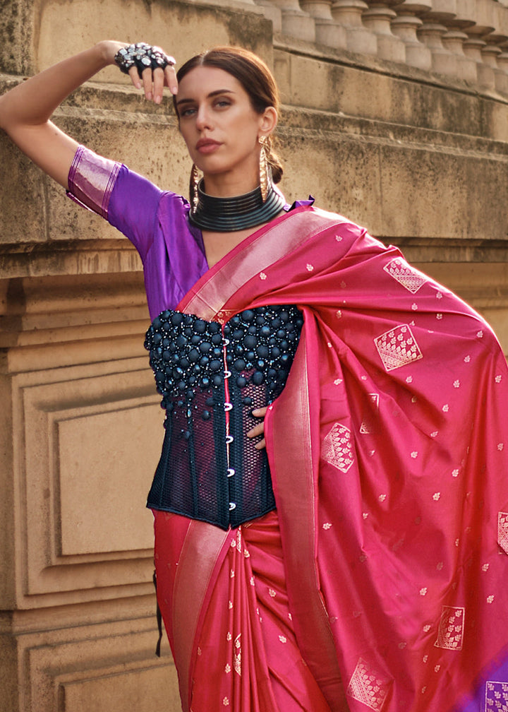 Cerise Pink Handloom Woven Soft Silk Saree