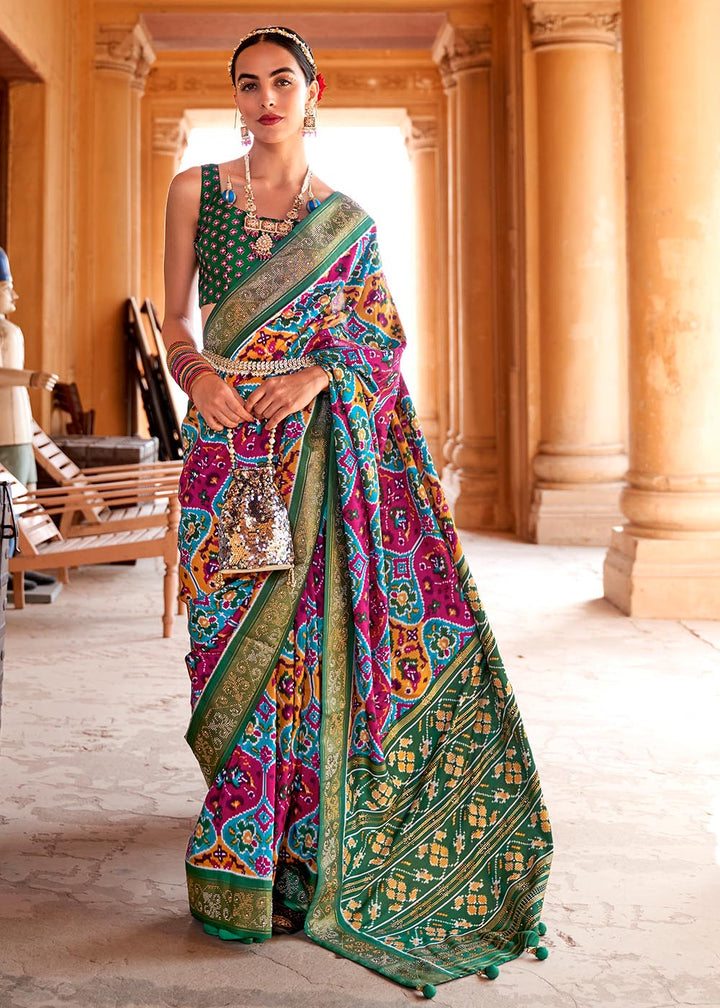 Multicoloured Printed Patola Silk Saree with Zari Border & Tassels on Pallu