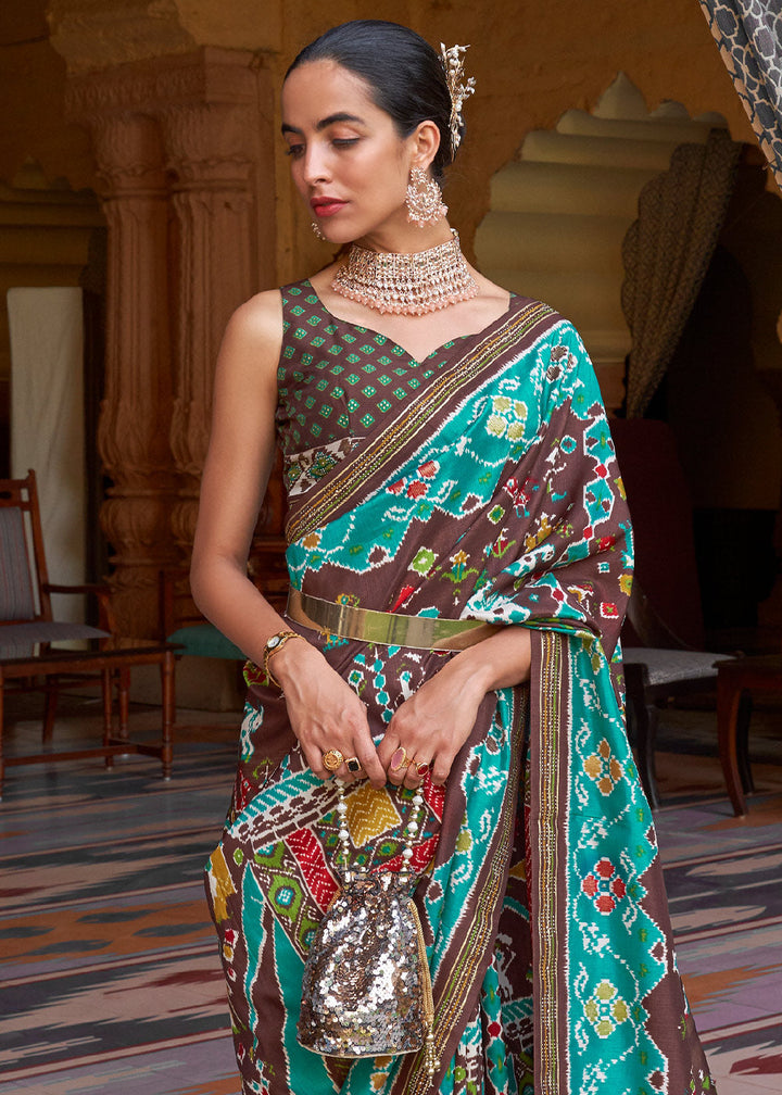 Blue & Brown Printed Patola Silk Saree with Zari Border & Tassels on Pallu