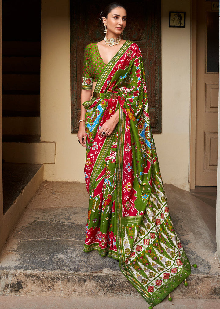 Kelly Green Printed Patola Silk Saree with Zari Border & Tassels on Pallu