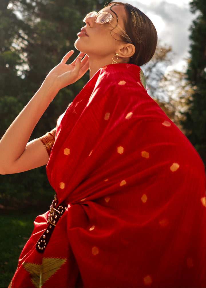 Scarlet Red Handloom Woven Khadi Silk Saree