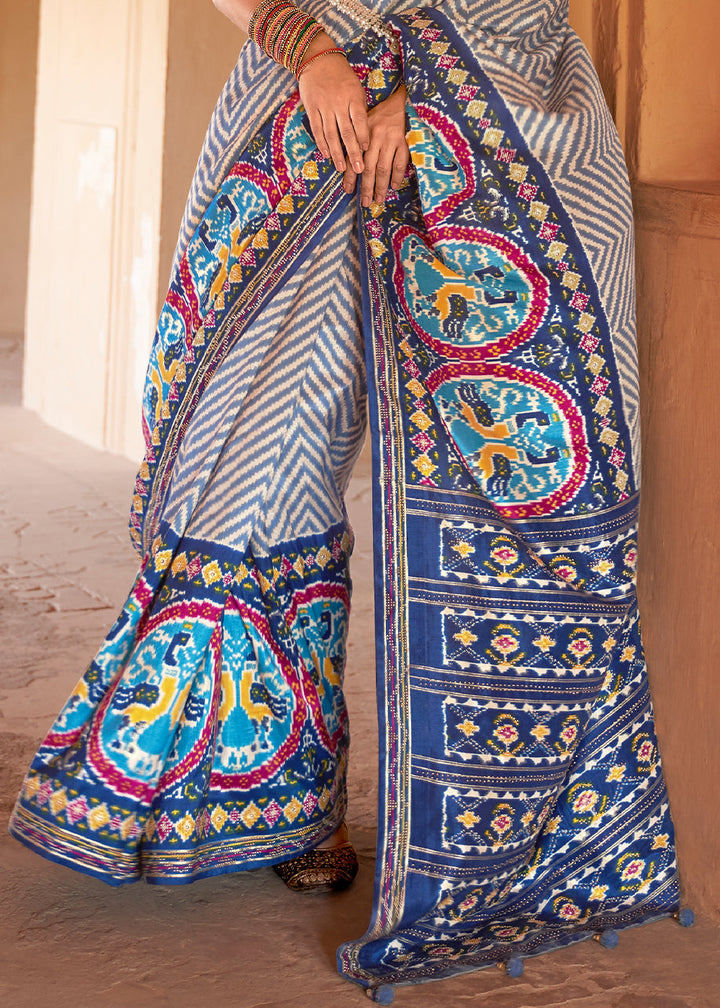 Shades Of Blue Printed Patola Silk Saree with Zari Border & Tassels on Pallu