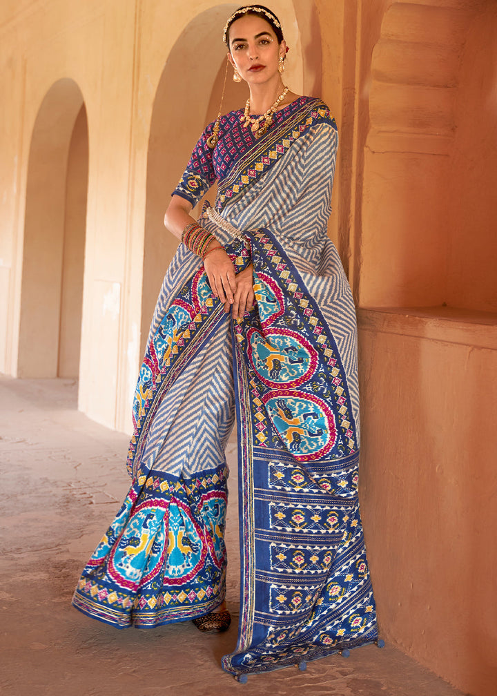 Shades Of Blue Printed Patola Silk Saree with Zari Border & Tassels on Pallu