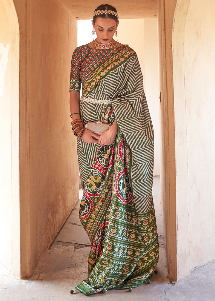 Shades Of Green Printed Patola Silk Saree with Zari Border & Tassels on Pallu