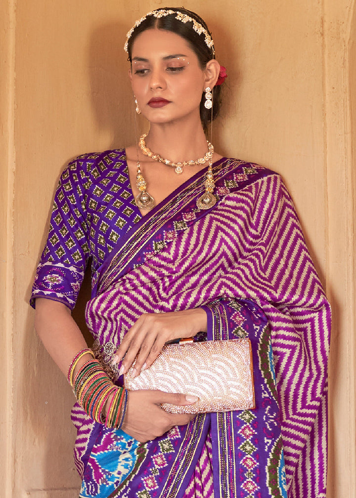 Shades Of Purple Printed Patola Silk Saree with Zari Border & Tassels on Pallu