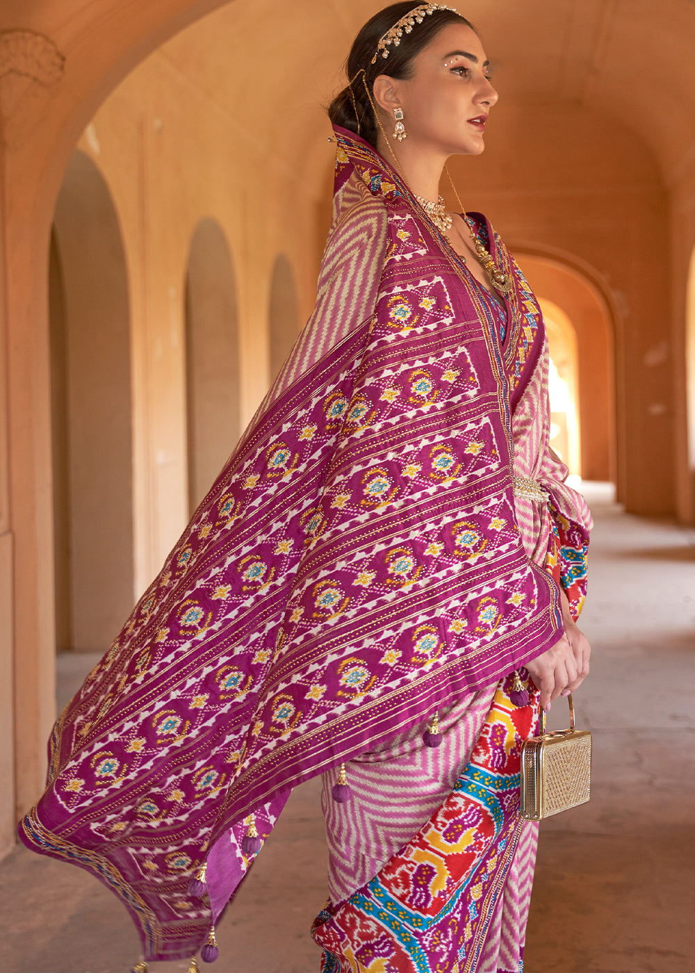 Pink & Purple Printed Patola Silk Saree with Zari Border & Tassels on Pallu