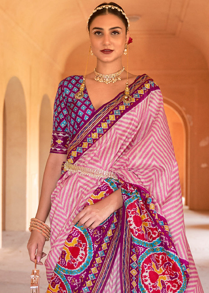 Pink & Purple Printed Patola Silk Saree with Zari Border & Tassels on Pallu