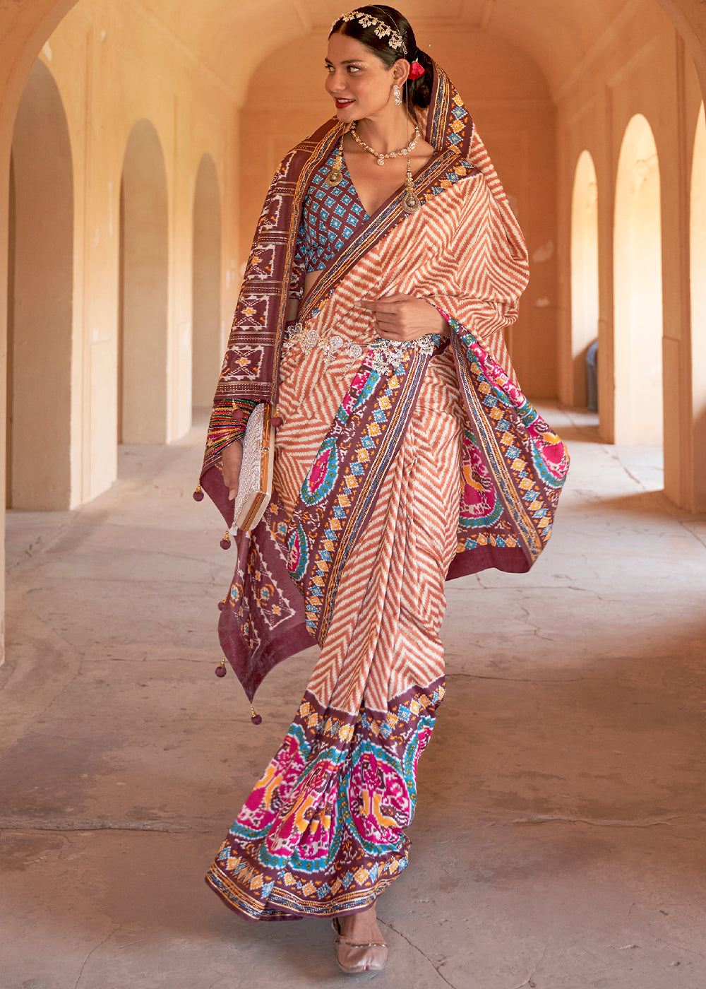 Shades Of Brown Printed Patola Silk Saree with Zari Border & Tassels on Pallu