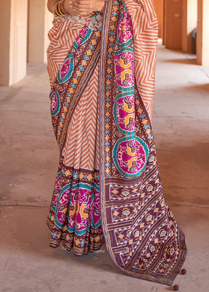 Shades Of Brown Printed Patola Silk Saree with Zari Border & Tassels on Pallu