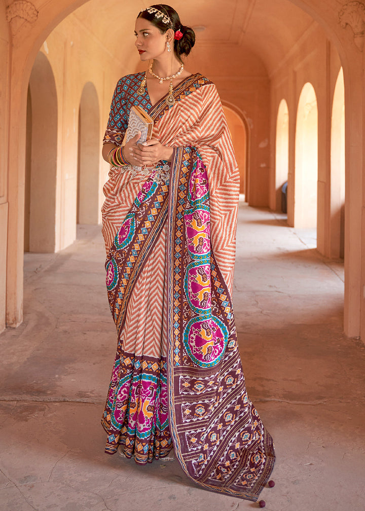 Shades Of Brown Printed Patola Silk Saree with Zari Border & Tassels on Pallu