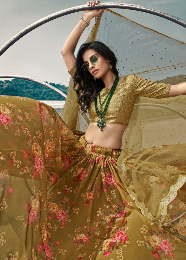 Avocado Green Designer Printed Organza Lehenga with Soft Net Dupatta