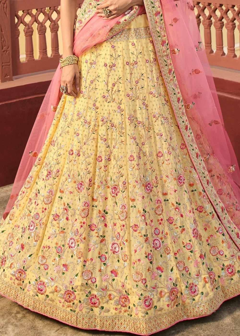 Daffodil Yellow Lehenga Choli with Zari, Dori,  Swarvoski, Thread & Zarkan work