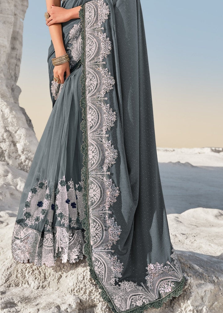 Fiord Grey Designer Net & Imported Fabric Saree with Hand-Made Flower, Jari & Diamond work: Top Pick