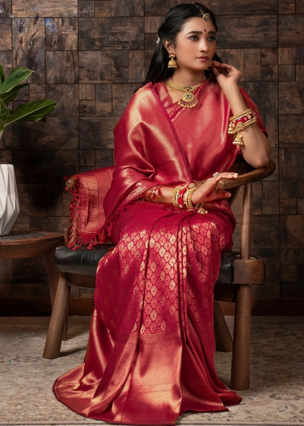 Raspberry Red Woven Kanjivaram Silk Saree