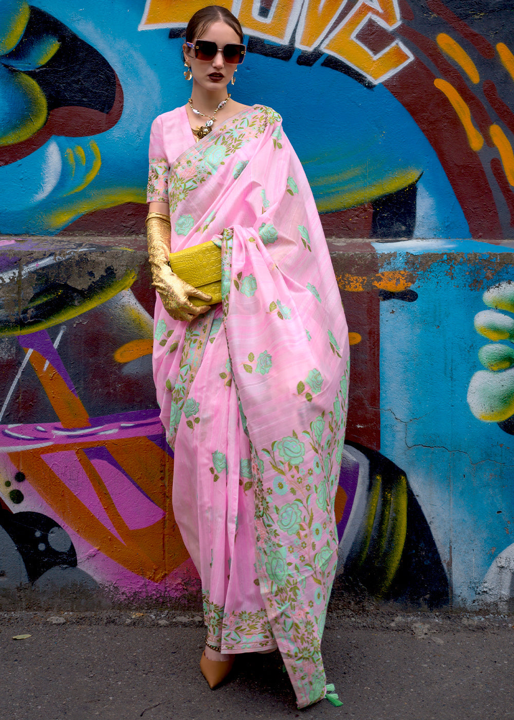 Ultra Pink Floral Parsi Weaving Handloom Silk Saree