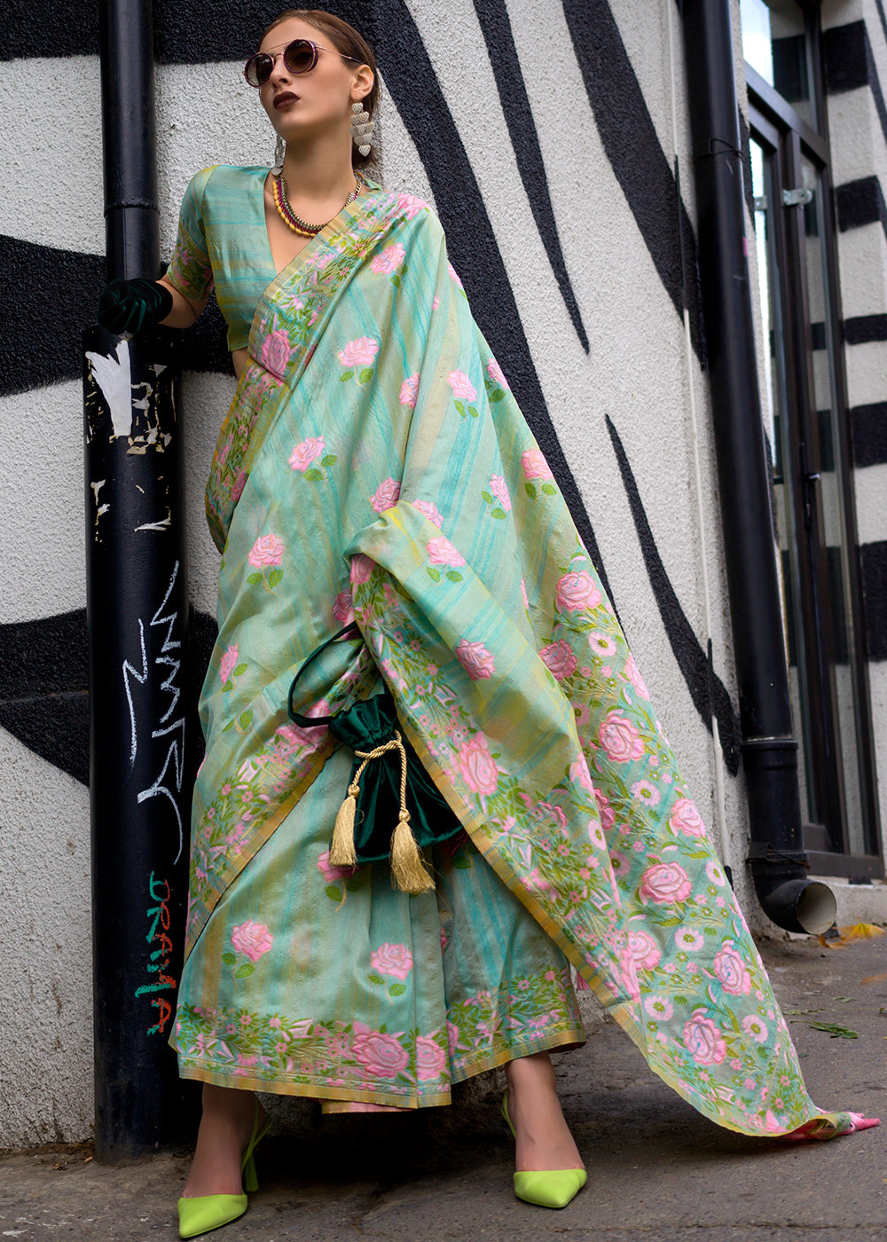 Light Green Floral Parsi Weaving Handloom Silk Saree